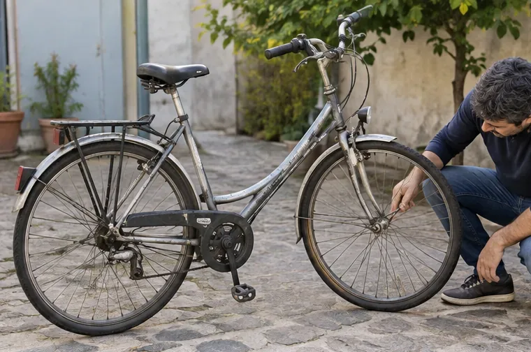 Una bicicletta usurata viene controllata vicino alla ruota anteriore per capire se è ancora riparabile