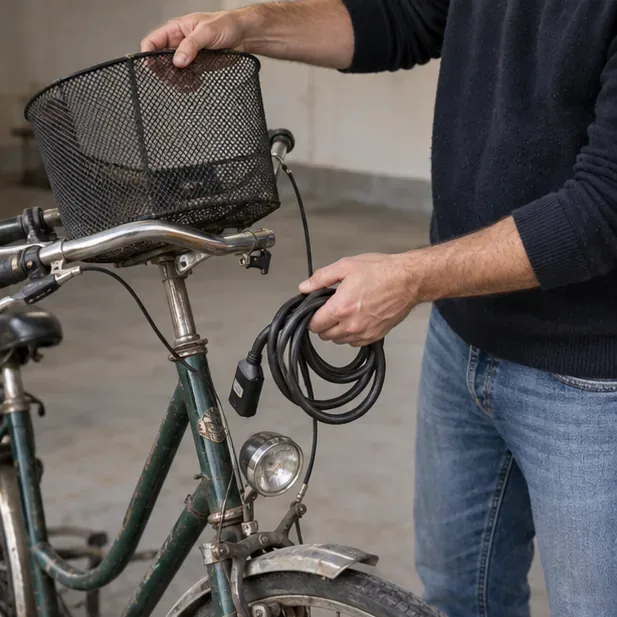 Mani che rimuovono un cestino e raccolgono un lucchetto da una vecchia bicicletta per prepararla al trasporto