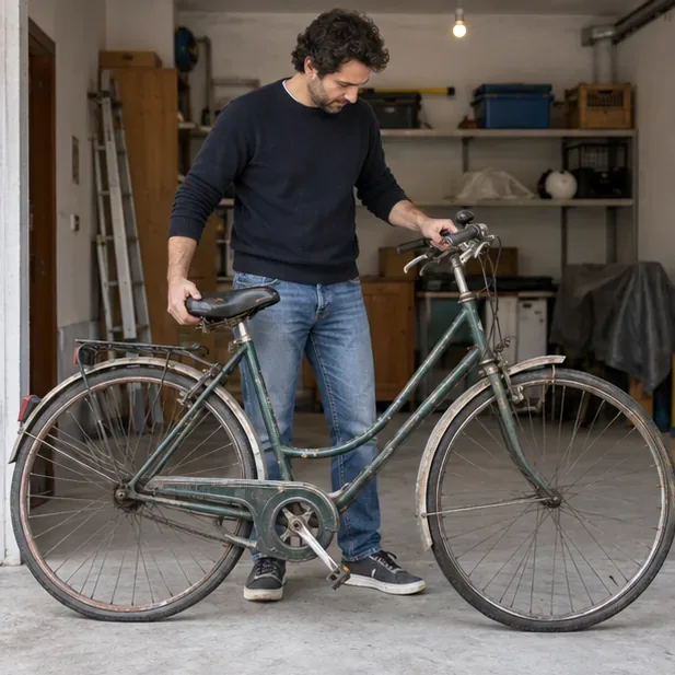 Una persona controlla una vecchia bicicletta da città in un garage prima di decidere se ripararla, regalarla o avviarla al riciclo
