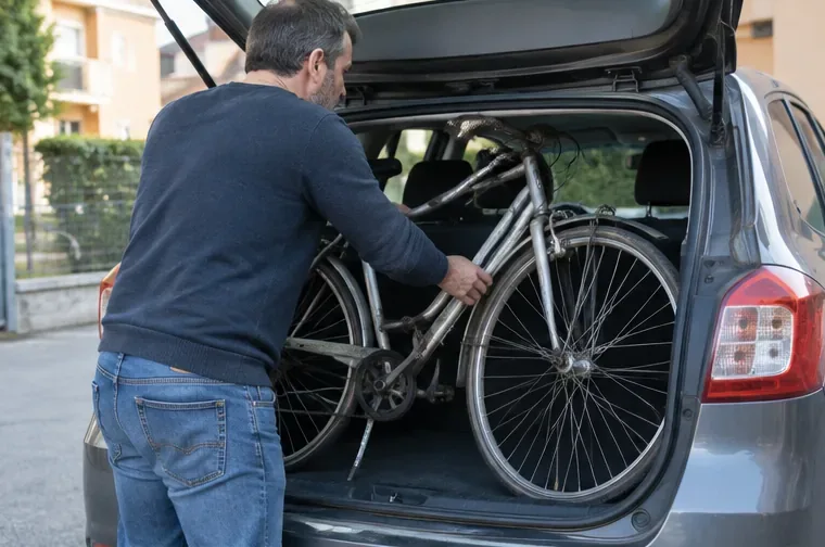 Una persona carica una bicicletta usata nel bagagliaio di un'automobile per portarla al centro di raccolta