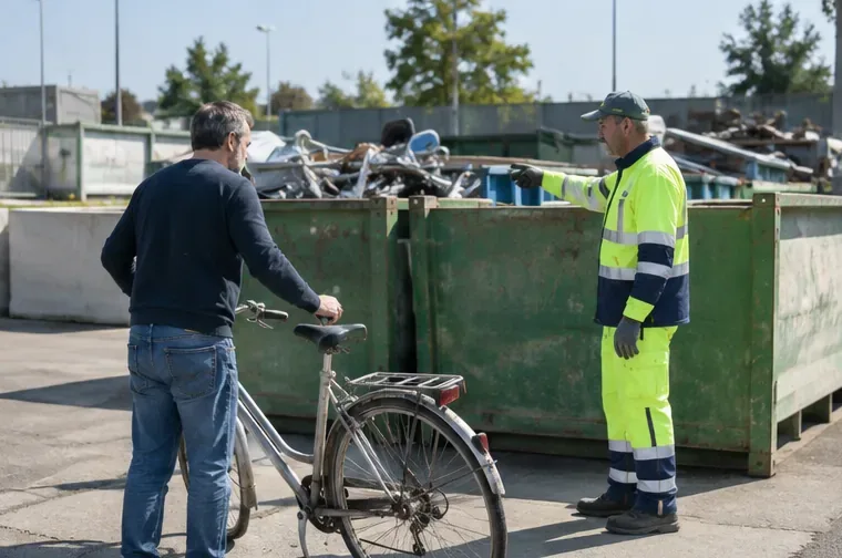 Un operatore di un centro di raccolta indica a una persona con bicicletta il cassone corretto per il conferimento