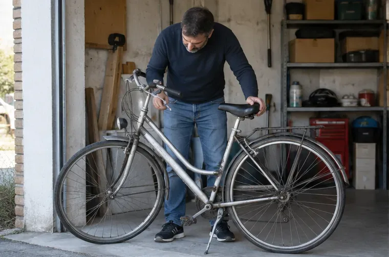 Una persona controlla una vecchia bicicletta in garage per capire se può essere riparata o deve essere smaltita