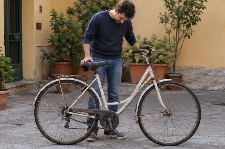 Una persona controlla una vecchia bicicletta in un cortile, osservando telaio, ruote e componenti prima di decidere se riutilizzarla o smaltirla.
