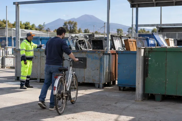 Una persona accompagna una vecchia bicicletta verso i contenitori di un centro di raccolta, con un addetto presente nell'area.