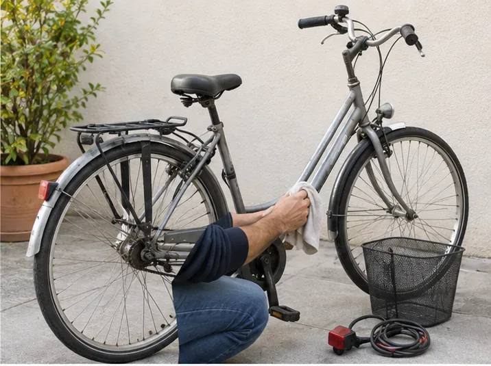 Una bicicletta da città viene pulita e preparata con cestino, cavo e accessori rimossi prima del trasporto