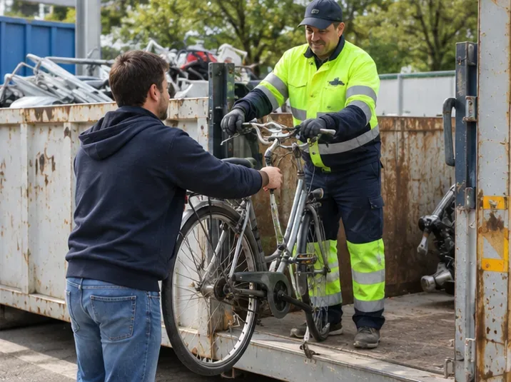 Un addetto in abbigliamento ad alta visibilità riceve una bicicletta presso un'area di raccolta con contenitori per materiali metallici