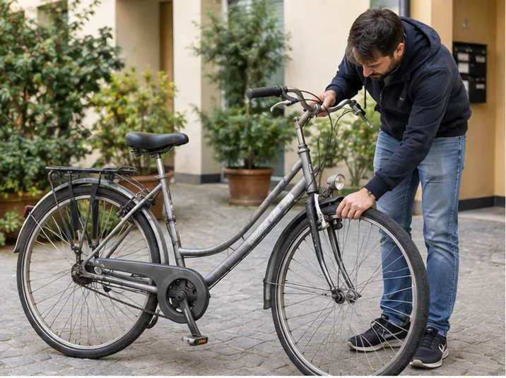 Una persona controlla ruota anteriore, freni e telaio di una bicicletta da città prima di decidere se ripararla o smaltirla