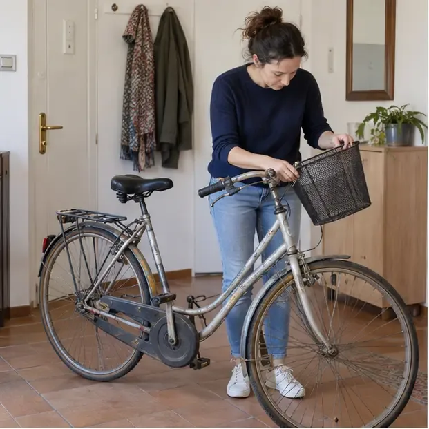 Persona che controlla una vecchia bicicletta nell’ingresso di casa prima di decidere se riutilizzarla o conferirla
