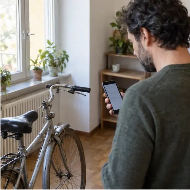 Persona che consulta sullo smartphone le informazioni sul servizio rifiuti accanto a una vecchia bicicletta