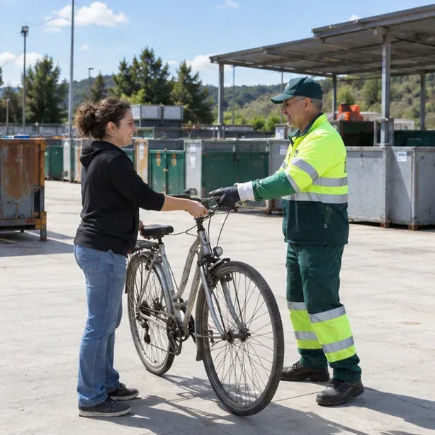 Una residente consegna una bicicletta a un operatore in un centro comunale di raccolta