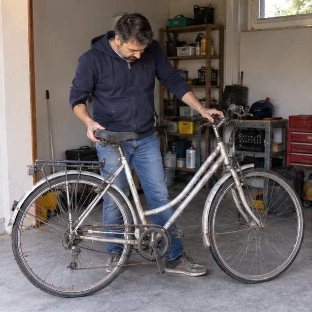 Una persona controlla una bicicletta vecchia in garage per valutarne le condizioni