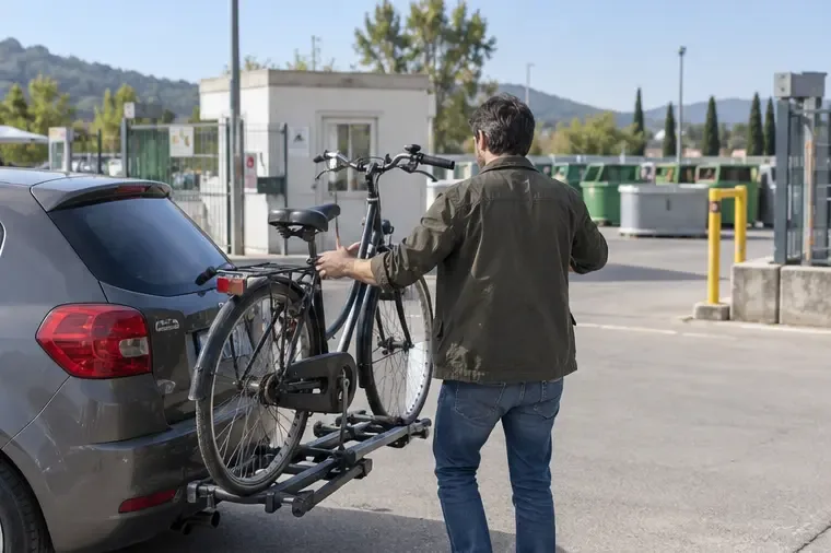Bicicletta fissata su un portabici mentre viene trasportata verso un’area comunale di raccolta.