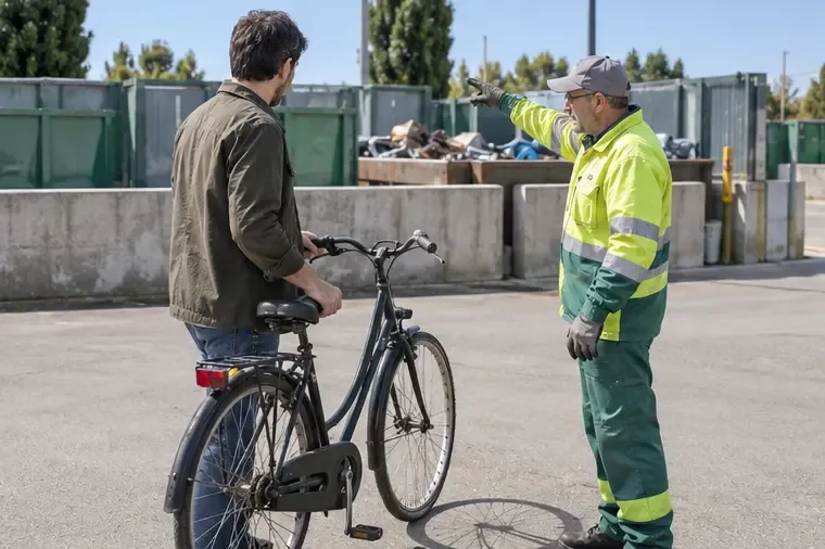 Addetto in abbigliamento ad alta visibilità che indica l’area corretta per conferire una bicicletta.