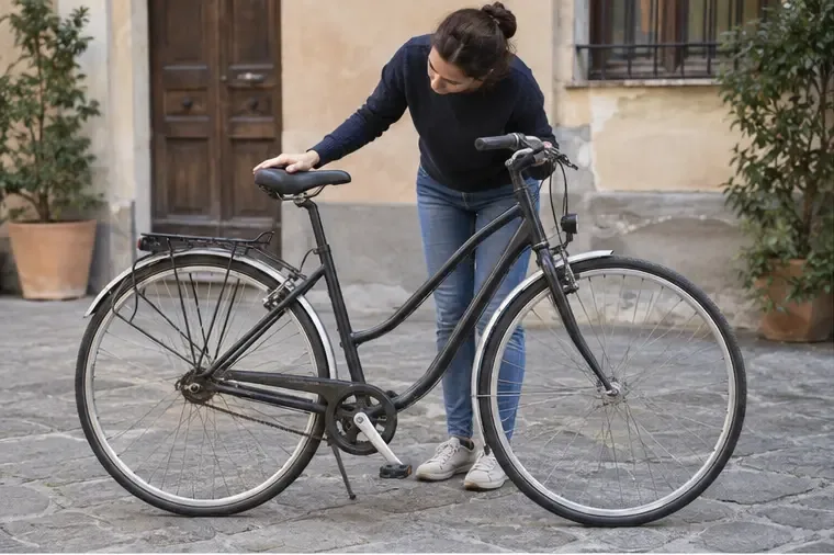 Persona che controlla una bicicletta da città completa per valutarne il riuso o lo smaltimento.