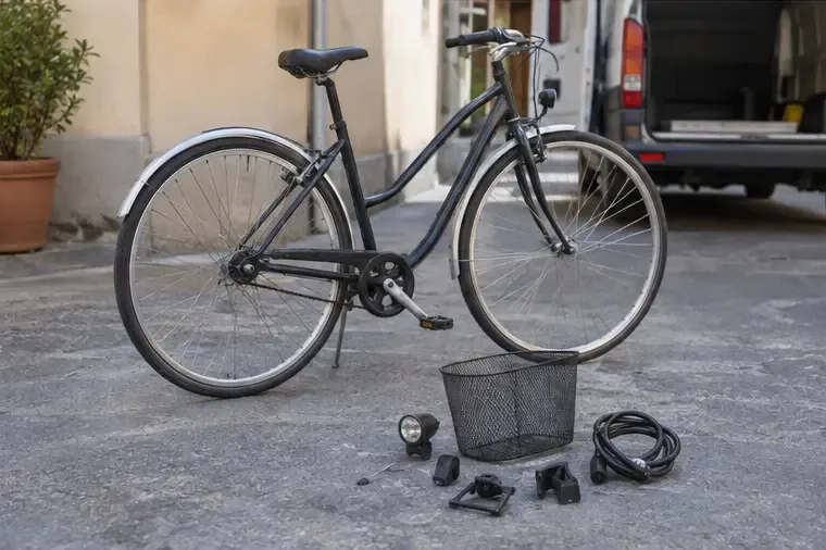 Bicicletta nera pronta per il trasporto con cestino, luce, lucchetto e altri accessori separati a terra.