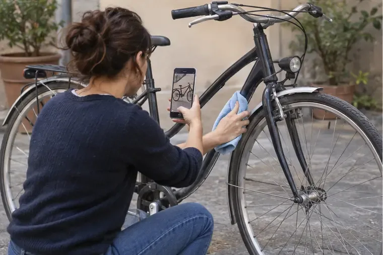 Persona che pulisce una bicicletta nera e la fotografa per proporla al riuso.