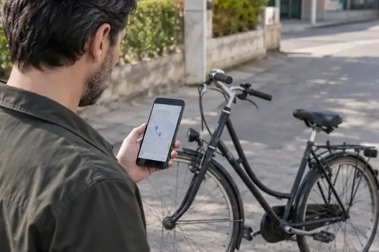 Persona che consulta una mappa sul telefono accanto alla bicicletta prima di raggiungere un Ecocentro.