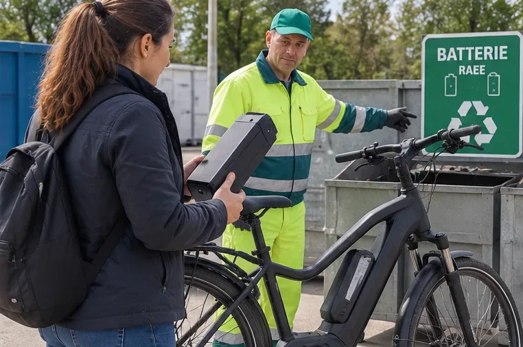 Una persona consegna la batteria rimovibile di una bicicletta elettrica a un operatore del centro di raccolta