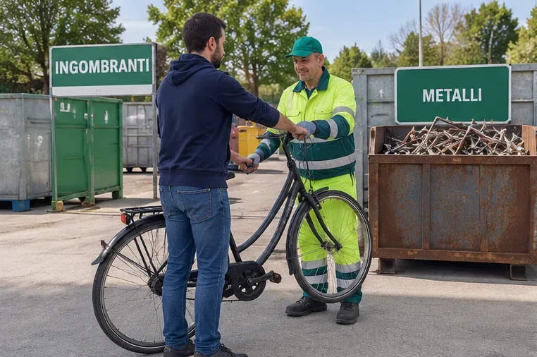 Un cittadino consegna una bicicletta a un operatore in un centro di raccolta con aree per ingombranti e metalli