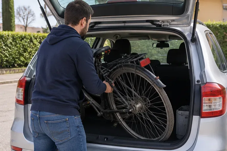 Una persona carica una bicicletta nel bagagliaio di un’auto per portarla a un centro di raccolta