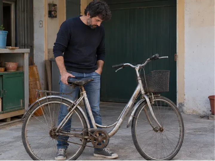 Uomo che controlla una vecchia bicicletta da città prima di decidere come conferirla