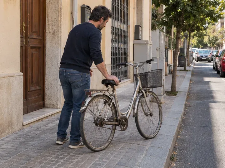 Uomo che porta una bicicletta fuori uso sul marciapiede in attesa del ritiro concordato