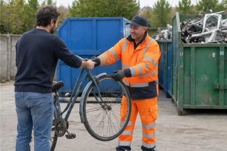 Un cittadino consegna una vecchia bicicletta a un operatore in un centro di raccolta
