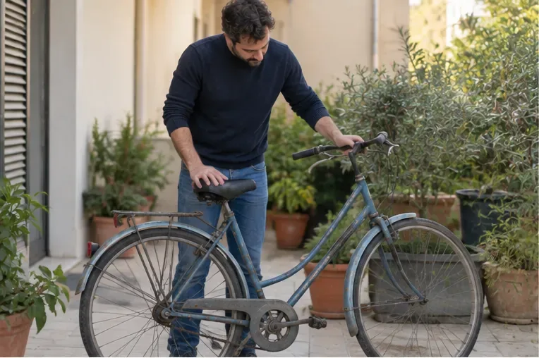 Un uomo controlla una vecchia bicicletta blu nel cortile di casa