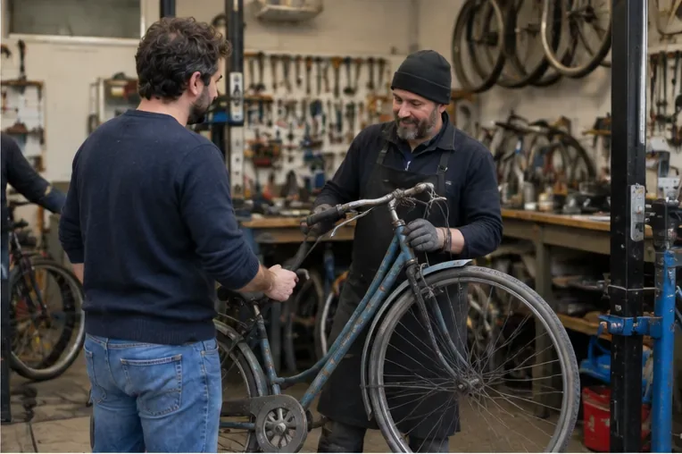 Un uomo porta una vecchia bicicletta in una ciclofficina per farla valutare
