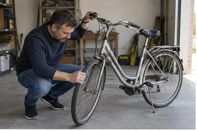 Un uomo controlla ruota, telaio e componenti di una bicicletta usata in un garage.