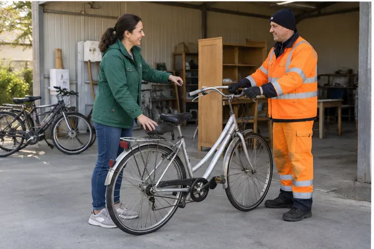 Una donna consegna una bicicletta completa a un addetto in un’area di riuso.