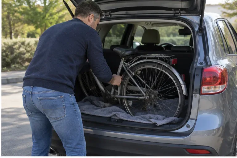 Un uomo sistema una bicicletta nel bagagliaio di un’auto per trasportarla.