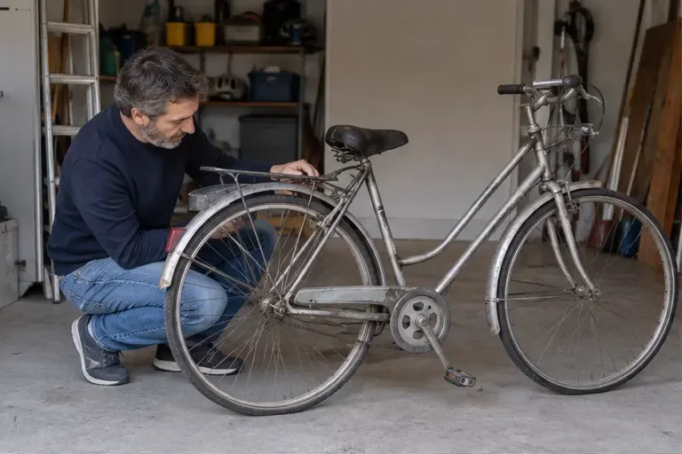 Una persona controlla una vecchia bicicletta in garage prima di scegliere tra riuso e conferimento