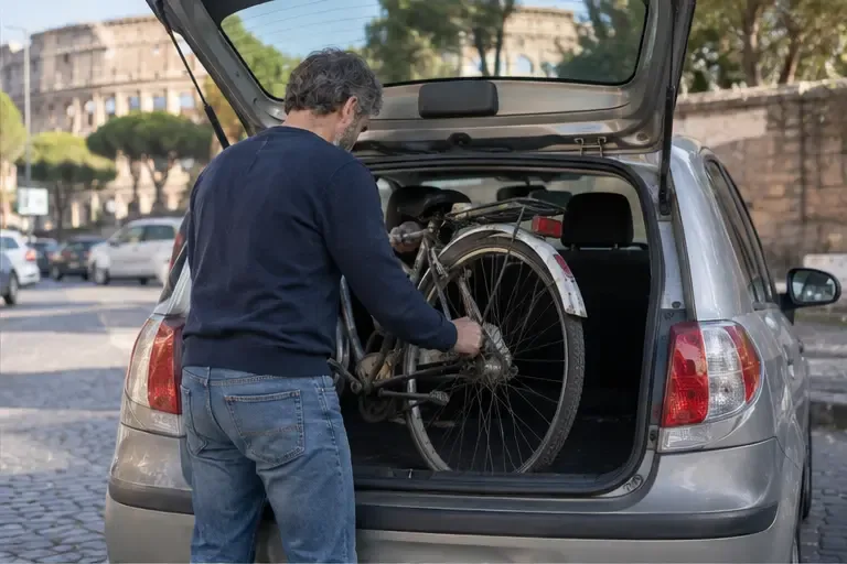 Una persona carica una vecchia bicicletta nel vano posteriore di un’automobile
