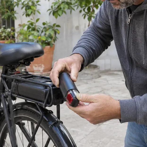 Persona che rimuove una luce posteriore rimovibile vicino alla batteria di una bicicletta elettrica