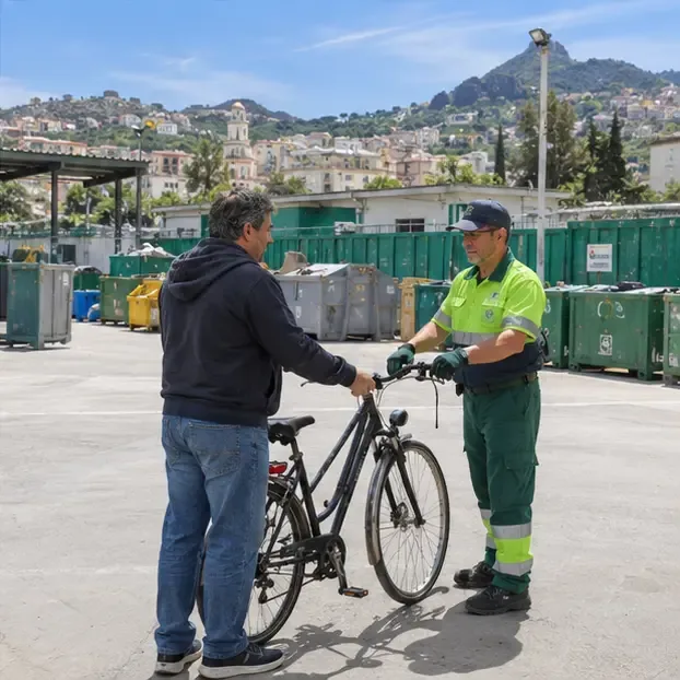 Cittadino che consegna una bicicletta a un operatore in un centro di raccolta comunale