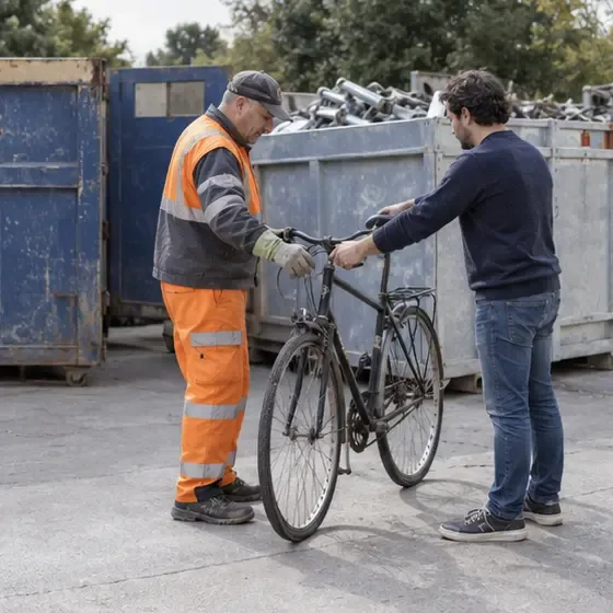Un cittadino consegna una bicicletta a un addetto in un’area generica di raccolta dei materiali