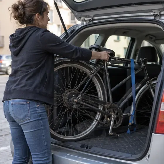 Una persona fissa una bicicletta tradizionale nel vano posteriore di un’auto per trasportarla al punto autorizzato