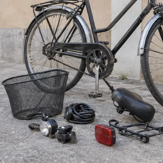 Una bicicletta tradizionale con cestino, luci, lucchetto e altri accessori separati per la preparazione al conferimento