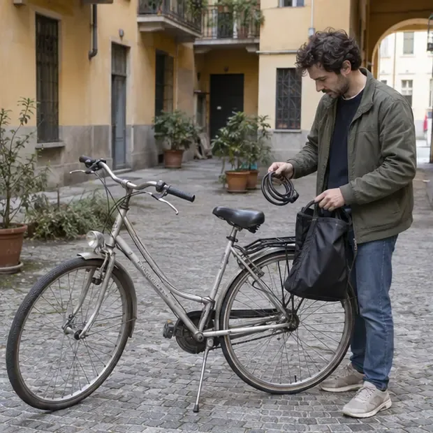 Una persona controlla una vecchia bicicletta in un cortile torinese e rimuove il lucchetto e gli oggetti personali