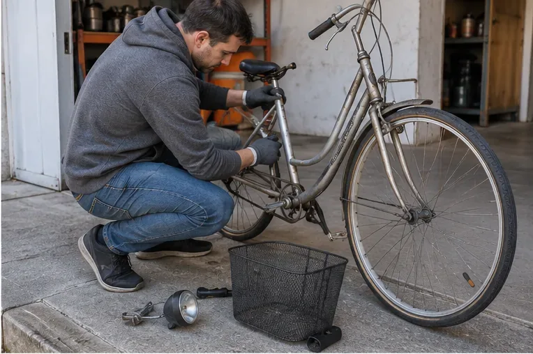 Una persona rimuove accessori da una vecchia bicicletta prima del trasporto, con cestino e fanale appoggiati a terra.