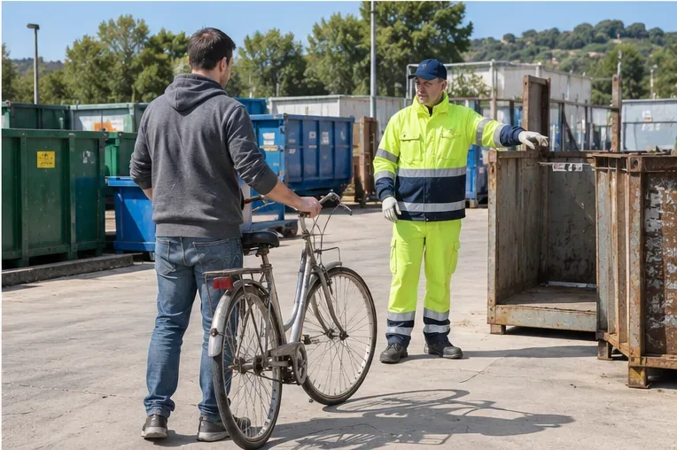 Una persona consegna una vecchia bicicletta a un operatore in un'area attrezzata con grandi contenitori per la raccolta differenziata.
