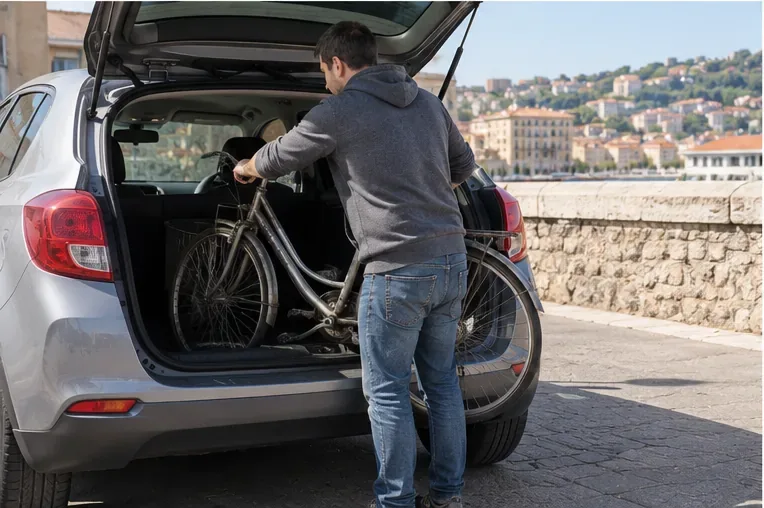 Una persona carica una bicicletta usata nel bagagliaio di un'auto per portarla a un Centro di raccolta.