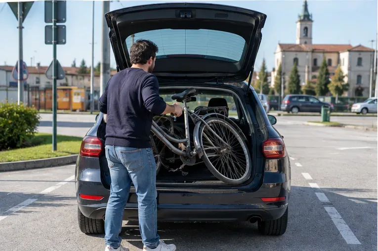 Un uomo carica una vecchia bicicletta nel bagagliaio aperto di un'automobile