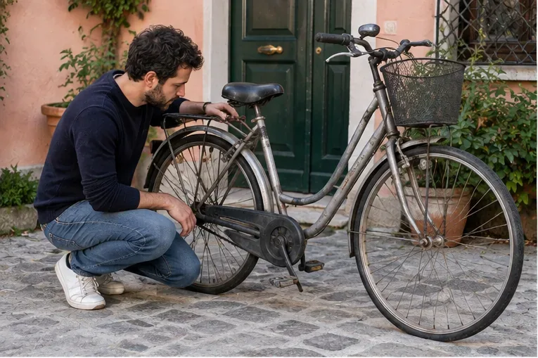 Un uomo controlla una vecchia bicicletta da città con telaio argentato, cestino anteriore e segni di usura