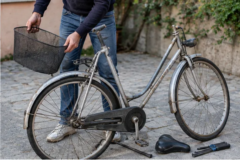 Una persona rimuove il cestino e la sella da una vecchia bicicletta prima del trasporto
