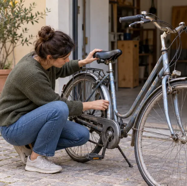 Una persona controlla telaio e sella di una bicicletta usata prima di decidere se ripararla o cederla