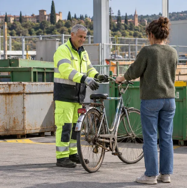 Un addetto in abiti da lavoro riceve una bicicletta da una residente in un'area di conferimento