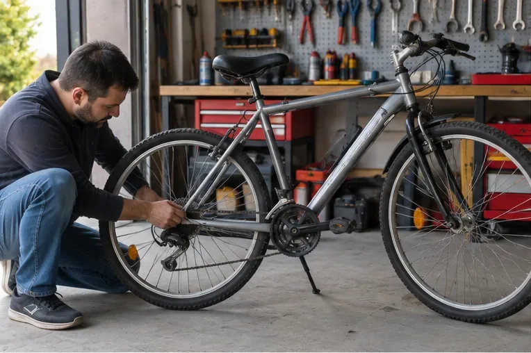Una persona controlla la trasmissione e la ruota posteriore di una bicicletta in un'officina