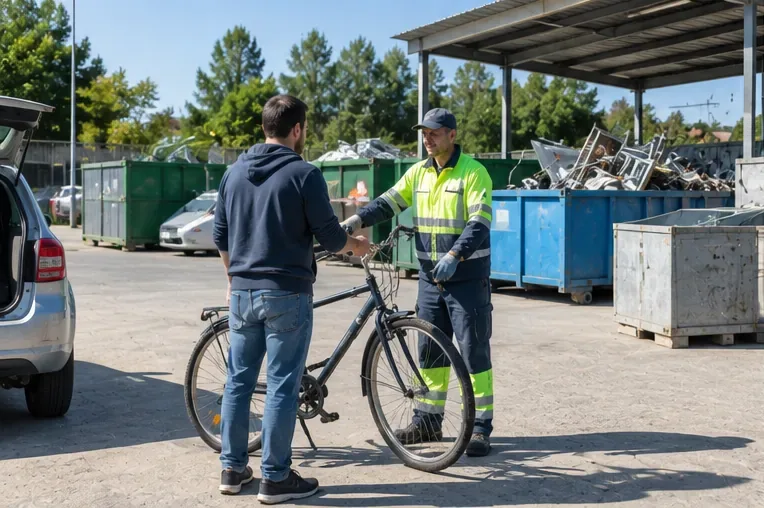 Un cittadino consegna una bicicletta a un operatore in un centro di raccolta con cassoni per materiali diversi